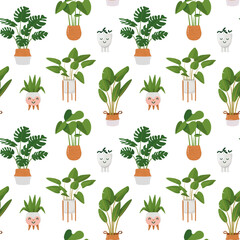 a pattern with indoor plants in pots. kawaii flower pots. vector illustration in cartoon style.