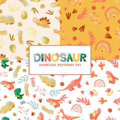 Seamless cute dinosaur pattern. Colorful dino background for kids. Childish vector design for textile and packaging, nursery wallpaper