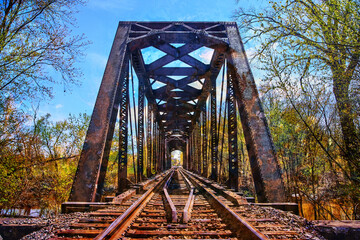 Empty Train Track Rustic Bridge - obrazy, fototapety, plakaty