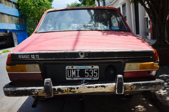 Buenos Aires, Argentina - January, 2020: Old Renault 12 TS car. Obsolete vintage car with Argentinian registration plate of Buenos Aires city.