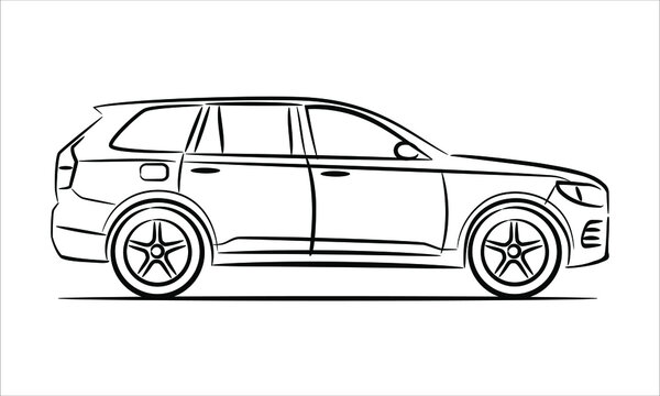 Modern suv car abstract silhouette on white background.  A hand drawn line art of a sedan car.