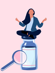 Woman sitting and meditating on big pill vial.Vitamin complex and healthcare.Keep calm and drink sedative tablets.Antidepressants and millennial problems.Influence of anti-anxiety meds.Zoom effect