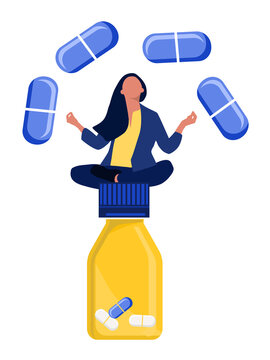 Woman sitting and meditating on big pill jar.Vitamin complex and healthcare.Keep calm and drink sedative tablets.Antidepressants and millennial problems.Influence of anti-anxiety meds.Side effects.