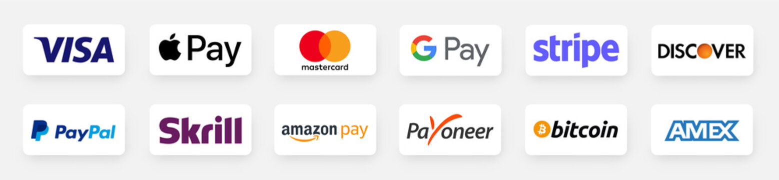 Buttons popular payments systems. Paypal, payoneer, visa, discover, mastercard, skrill, apple pay, google pay, american express, Amazon Pay. Online payment methods systems. Vector illustration