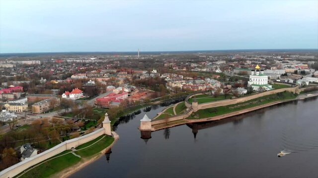 Aerial view on ancient fortress on the river