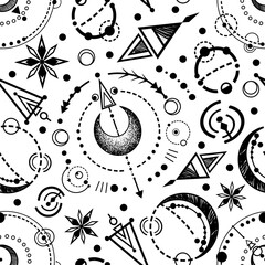Vector illustration, astronomical geometry, moon, stars, print on t-shirt, Handmade, seamless pattern, light  background