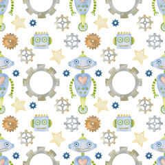 Watercolor seamless pattern robots on a white background.