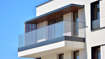 Condominium and apartment building with  symmetrical modern architecture. Detail in modern residential flat apartment building exterior. Fragment of new luxury house and home complex. 