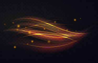 Golden luminous waves shapes and shining particles, abstract light effect vector illustration. Luxury sparkling shiny magic swirl, dynamic wavy gold trails shine on transparent black background