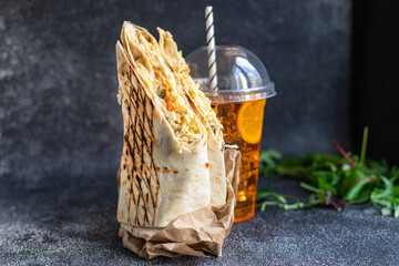 shawarma doner kebab sandwich roll burrito vegetables sauce taco menu Takeaway snack veggie...