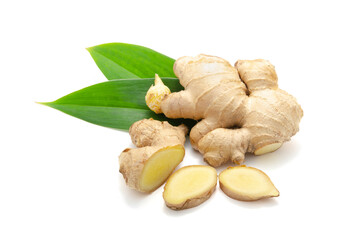 Fresh ginger rhizome with sliced and green leaves isolated on a white background, Suitable for creative graphic design  The rhizome has a sweet, spicy taste, expel the wind, flatulence, colic