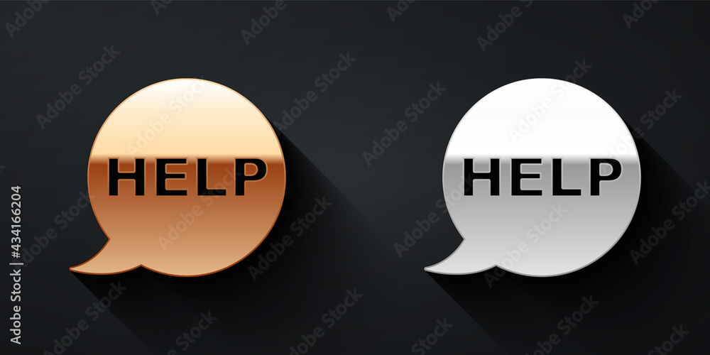 Poster gold and silver speech bubble with text help icon isolated on black background. long shadow style. v