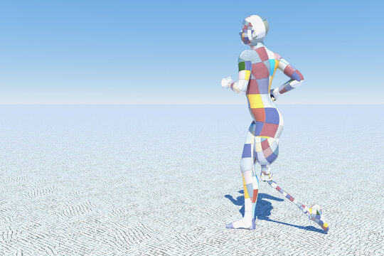 3D rendering of the abstract untextured female running on the blue background