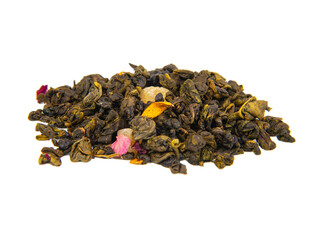 Aromatic green dried tea leaves with mango isolated on the white background