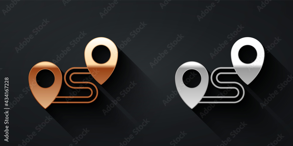 Poster gold and silver route location icon isolated on black background. map pointer sign. concept of path 