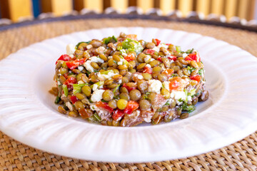 Closeup shot of breakfast food with vegetables on the white plate