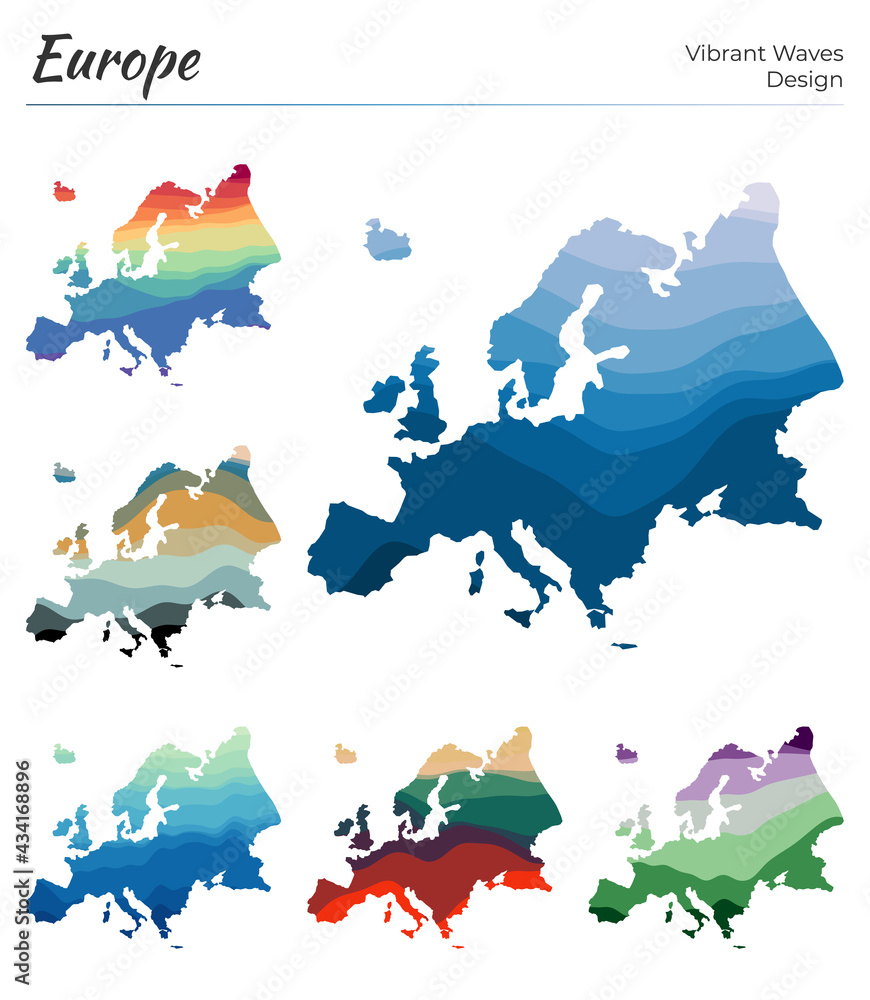 Poster set of vector maps of europe. vibrant waves design. bright map of the continent in geometric smooth 