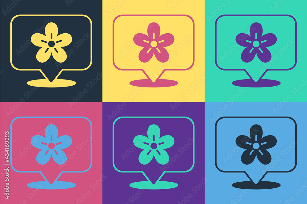 Poster pop art location with flower icon isolated on color background. vector