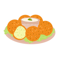 Falafel on a plate with yogurt sauce isolated on white background. Vector food illustration. Healthy vegetarian fast food.
