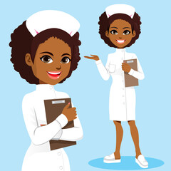 Beautiful young black African American nurse wearing white uniform holding folder