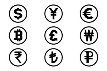 Collection of currency symbols isolated on a white background