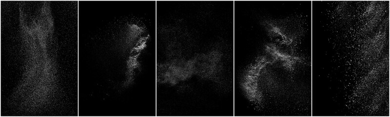 Set of distressed white grainy texture. Dust overlay textured. Grain noise particles. Snow effects pack. Rusted black background. Vector illustration, EPS 10. 