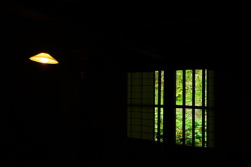 Landscape of fresh green grass from dark lattice window in Japan - 日本 格子窓からの春の景色