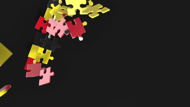 Animation of jigsaw puzzle assemble. Problem solving and completing concept. Uganda national flag integration. Symbol of association and connection. Isolated on dark background.
