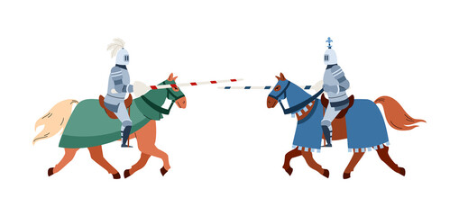 Armed medieval knights fighting on horses flat vector illustration isolated.