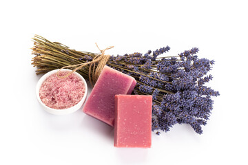 lavender spa products with dried lavender flowers on a isolated background.