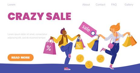 Sale web banner or landing page template with buyers, flat vector illustration.