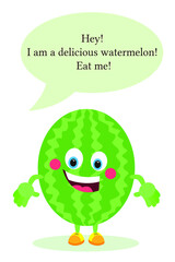 Cartoon watermelon. Watermelon with eyes, arms and legs. A living character. Food for children.