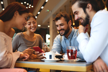 Group of young beautiful people hanging out in a cafe and use a smartphone