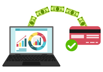 Transaction, money transfer. Transferring money from a laptop to a credit card. Vector, cartoon illustration. Vector.