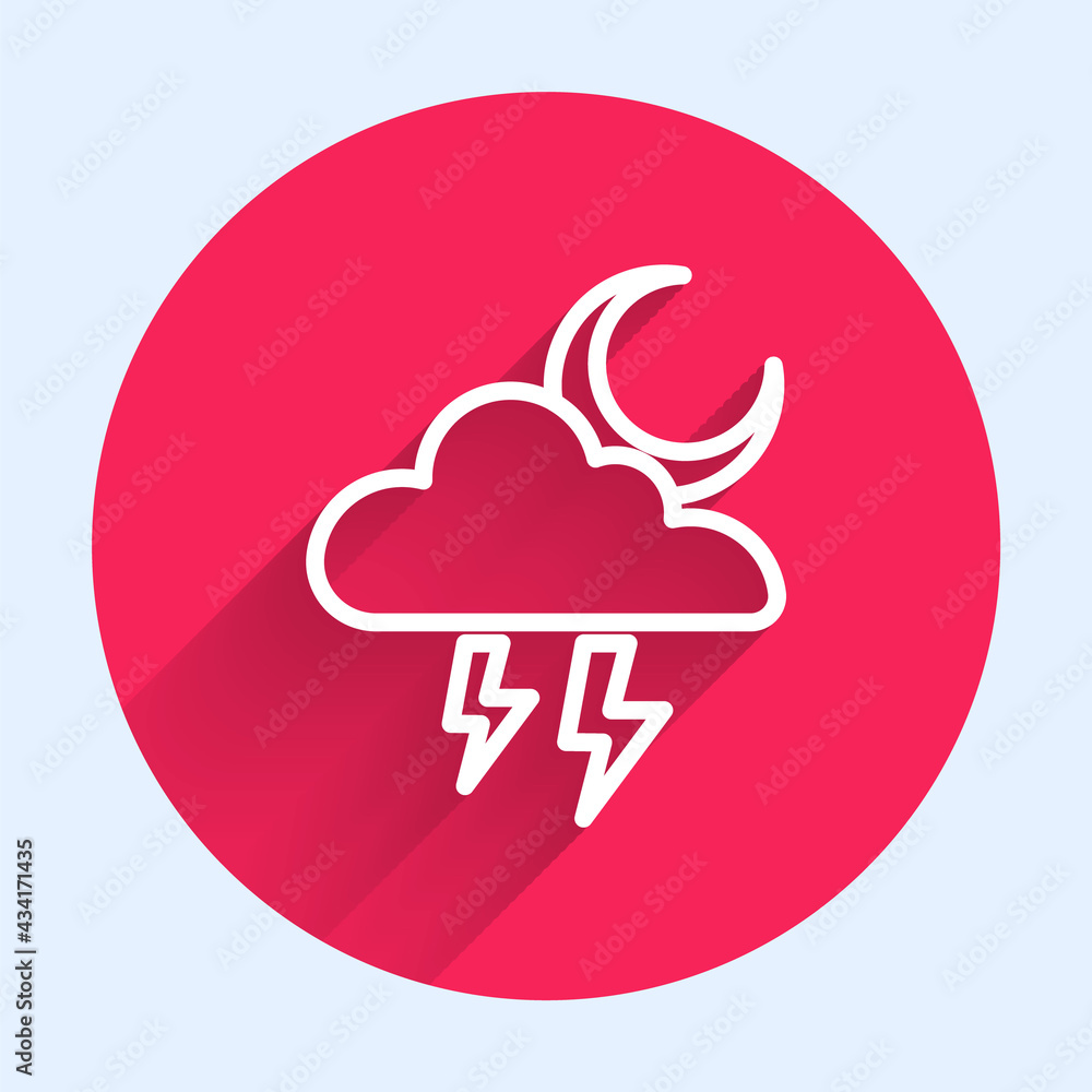 Poster white line storm icon isolated with long shadow. cloud with lightning and moon sign. weather icon of