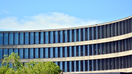 Modern downtown office building surrounded by greenery tree, the surface window outside reflecting clear blue sky. Business office building and green trees, business and nature concept. 