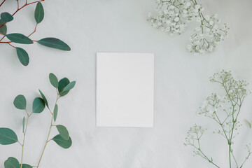 Empty paper with copy space for text on a white background. Flat lay. Petals, greenery and flowers.