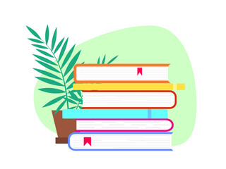 Stack of books with home plant flat vector illustration