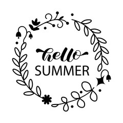 Hello summer brush lettering. Floral wreath. Vector illustration for shirt, banner, decor