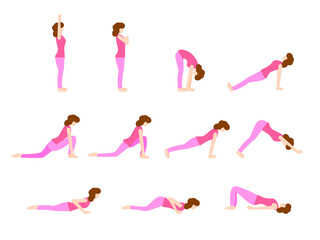 Woman in pink clothes doing yoga practice vector set. Flat illustration for poster, infographics