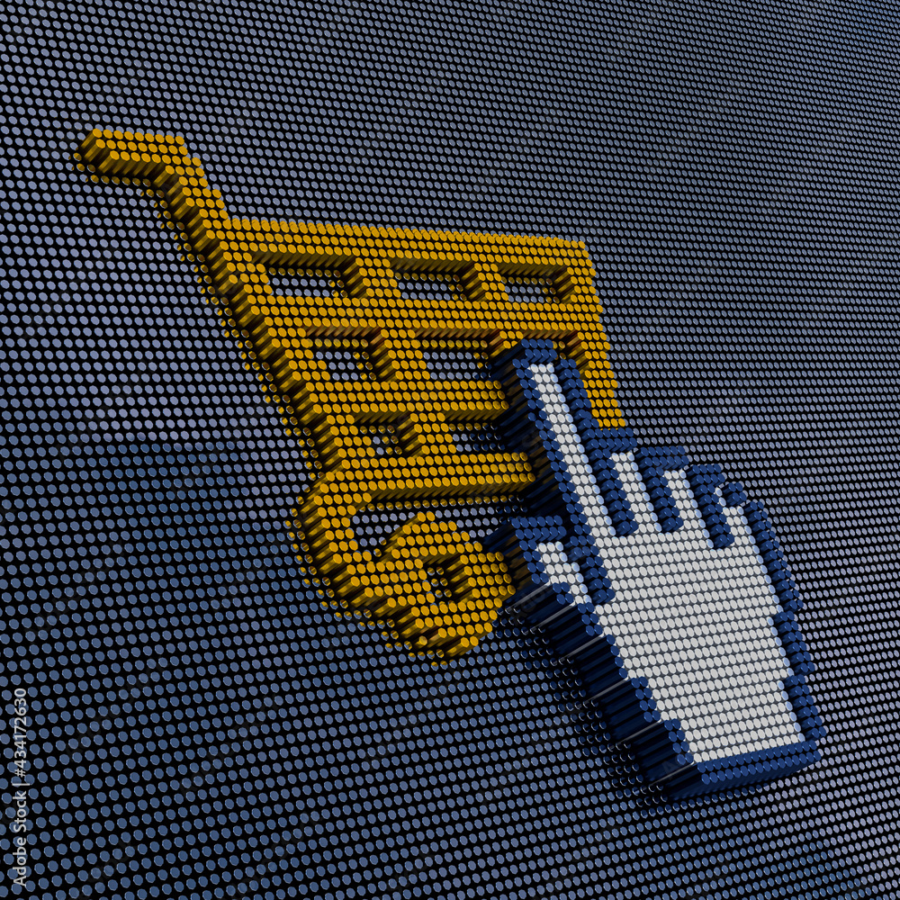 Poster pixel art style shopping basket with hand cursor. 3d rendering
