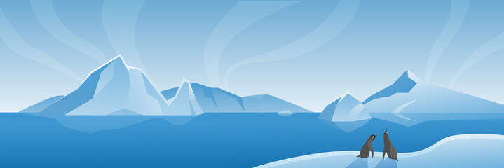 Arctic Antarctic wide landscape panorama vector illustration. Cartoon marine life natural scene with iceberg, ice glacier and penguins, scenic northern icy nature background © Flash Vector