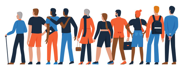 People crowd stand back together vector illustration set. Cartoon diverse group of adult man woman characters standing in row, backside diversity community crowd of different ages isolated on white