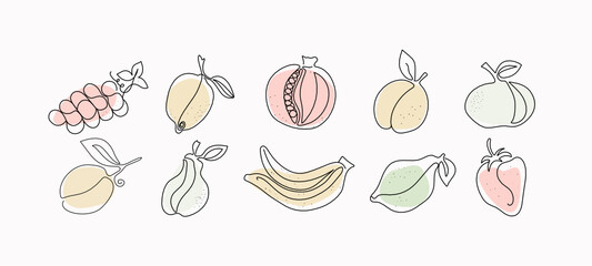Vector set of fruits apple, strawberry, peach, banana, plum, pomegranate, pear, grape, lime, lemon in endless one line style. Collection with colored abstract spot background. Vector set, Background.