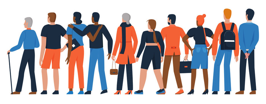 People Crowd Stand Back Together Vector Illustration Set. Cartoon Diverse Group Of Adult Man Woman Characters Standing In Row, Backside Diversity Community Crowd Of Different Ages Isolated On White