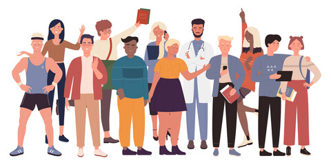 Fototapeta premium Diversity crowd people stand together vector illustration. Cartoon different multiethnic group of man woman characters standing hugging holding hands, diverse multicultural society isolated on white