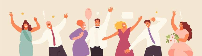 Young people group at a party. School graduation, celebration, corporate party. Vector illustration