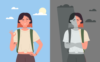 Good and bad mood of girl student vector illustration. Cartoon happy positive female character showing okay gesture, standing in sunny weather, unhappy sad depressed young woman under rain background