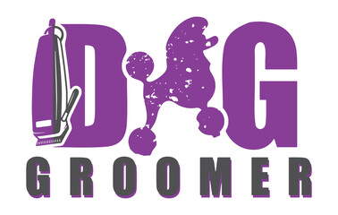 Dog groomer with clippers graphic illustration for pet grooming and professional dog groomers with a poodle in purple text and white background.