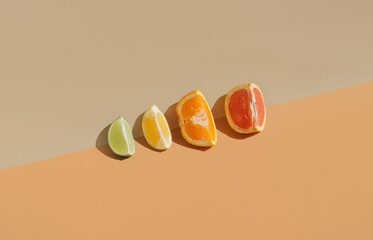 Summer scene with fresh slices of lemon, lime, orange and grapefruit. Minimal aesthetic..